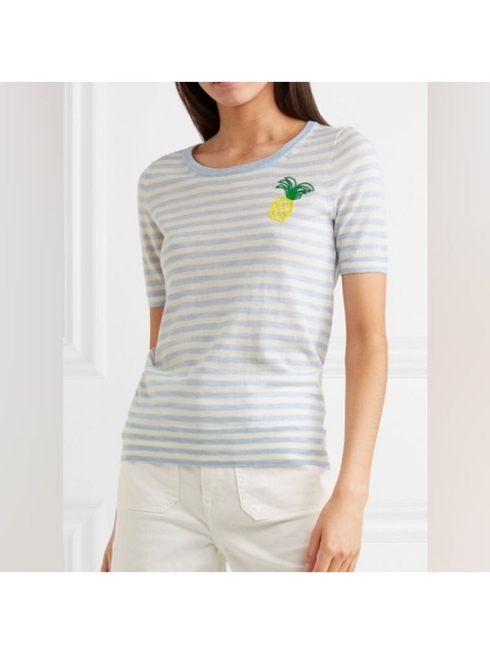J. Crew Light Blue and White Striped Wool Tee with Pineapple Accent Size XS BNWT